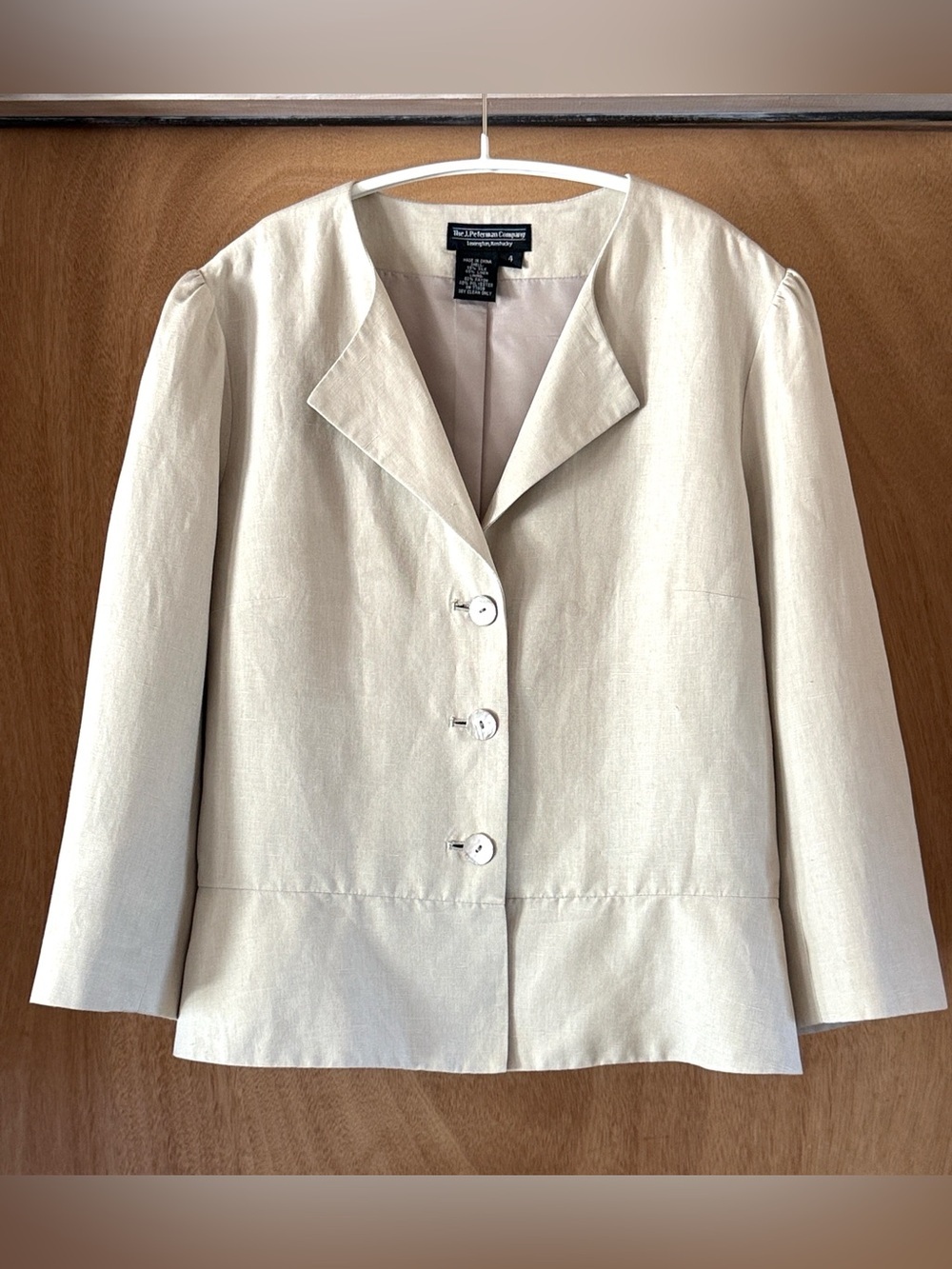 J. Peterman Silk Linen Blazer Jacket Beige Neutral Cropped 3/4 Sleeve Women’s 4
